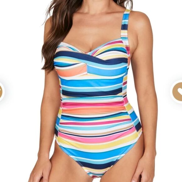 Nip Tuck poolside Stripes Chlorine Resistant Tummy Control One Piece Swimsuit 4 - Picture 1 of 8